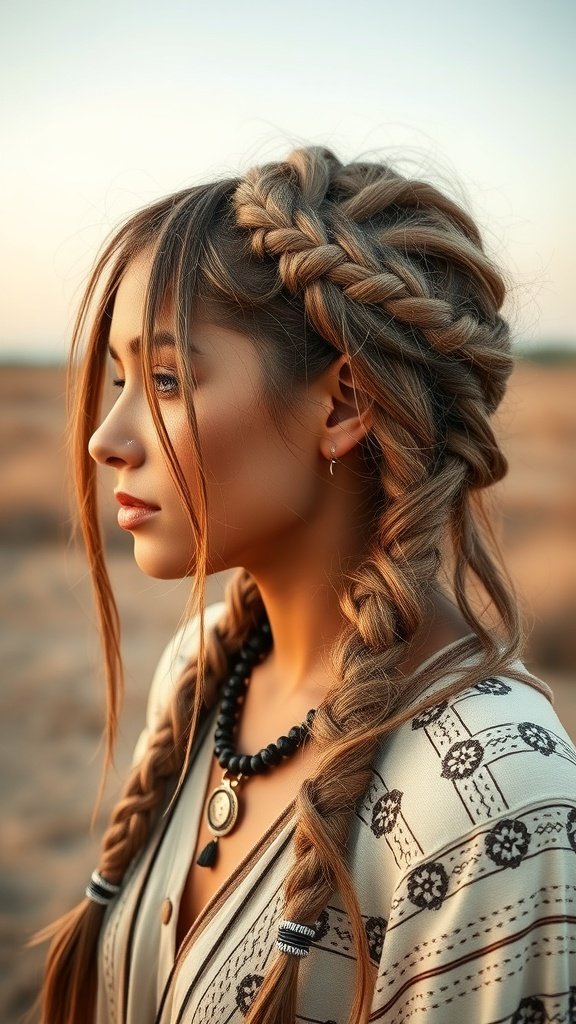 A woman with knotless braids styled in a bohemian vibe, showcasing thick braids and subtle accessories.