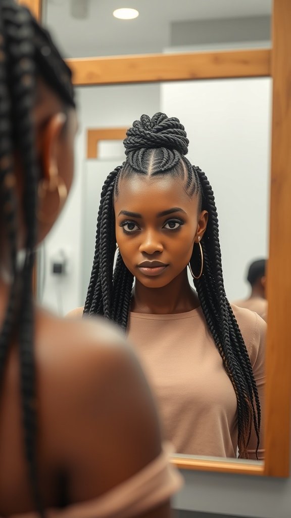 A woman with knotless braids styled in an updo, looking into a mirror.