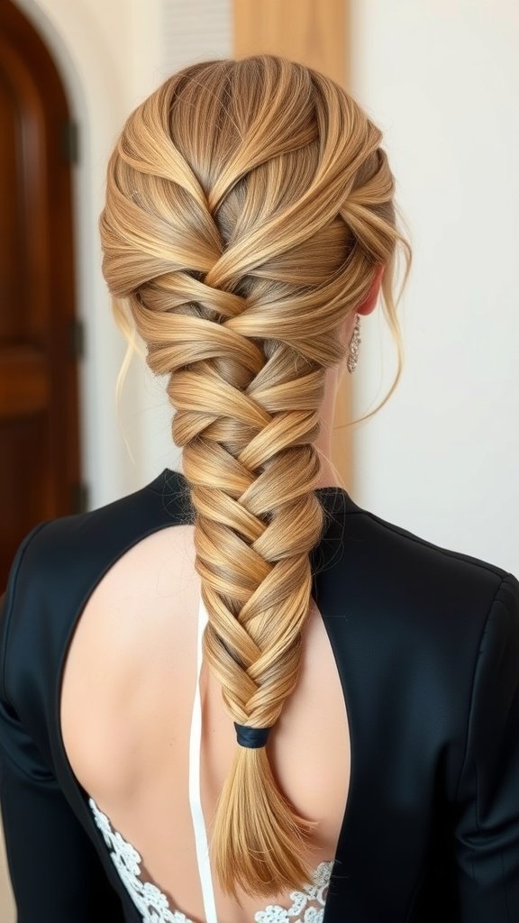 A beautifully styled knotless braid on a woman wearing a black dress with a back cutout.