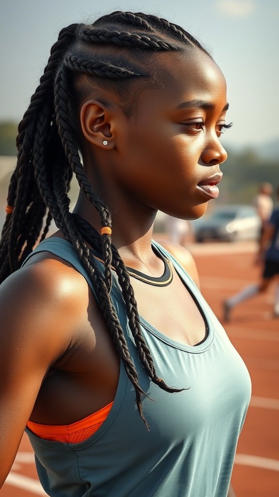 A young woman with knotless braids, wearing athletic gear, standing on a track field.