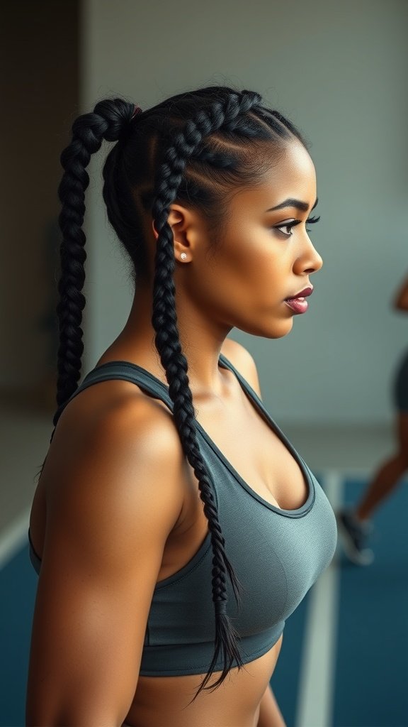 A woman with medium boho knotless braids, showcasing a stylish and practical hairstyle for an active lifestyle.