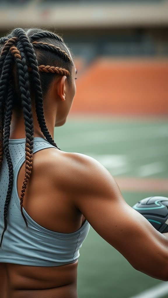 A person with knotless braids in a sporty setting, showcasing an active lifestyle.