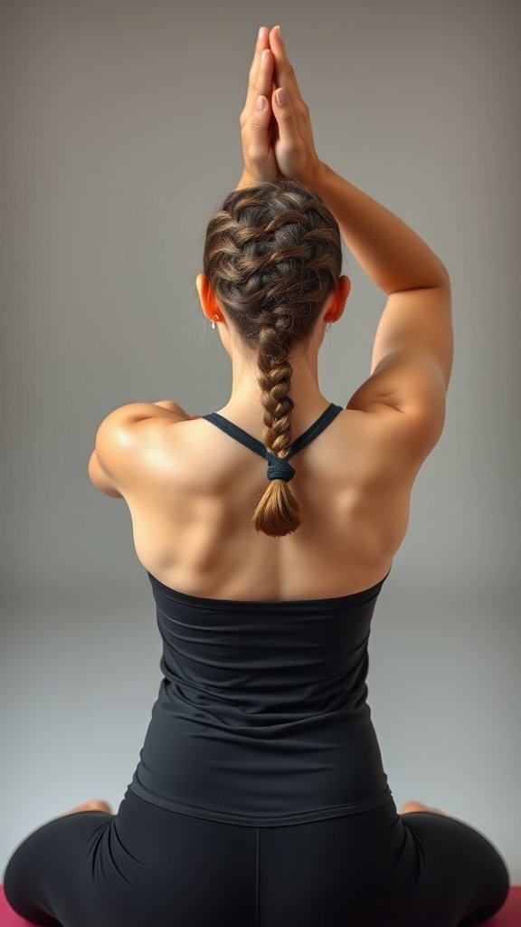 A woman practicing yoga with her hair styled in short boho knotless braids.