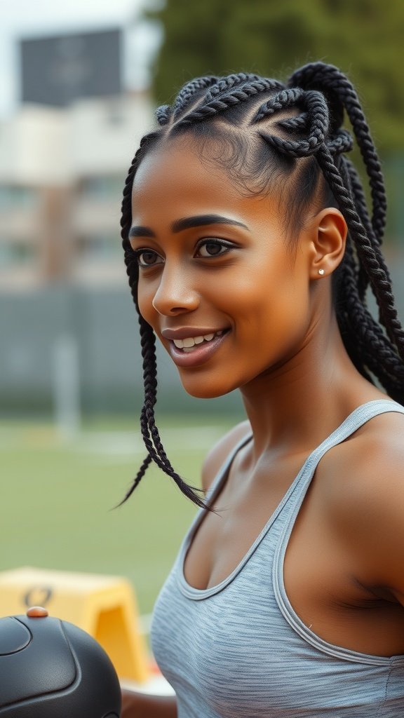 A woman with small knotless braids and curly ends, smiling while holding a ball, ready for an active lifestyle.
