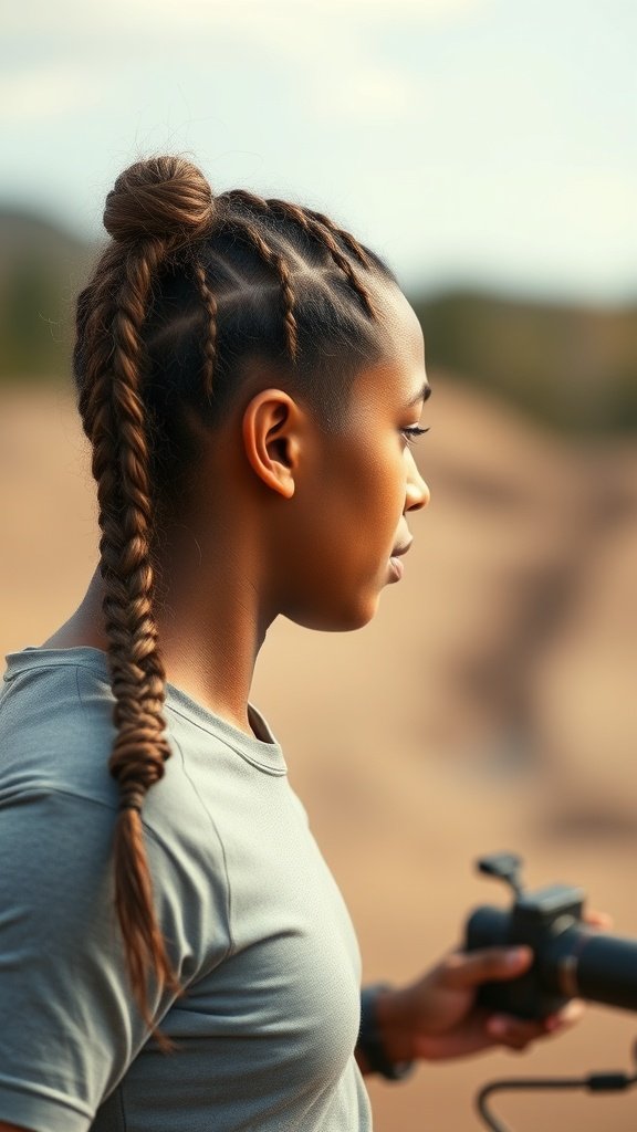 A person with stylish knotless braids, showcasing a practical hairstyle for an active lifestyle.