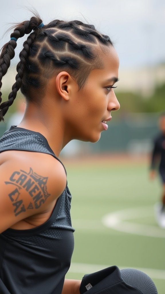 A person with knotless braids, showcasing a sporty look on a field.