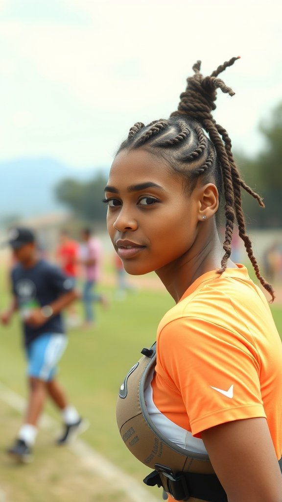 A young woman with knotless braids, wearing an orange athletic shirt, engaged in sports activities.