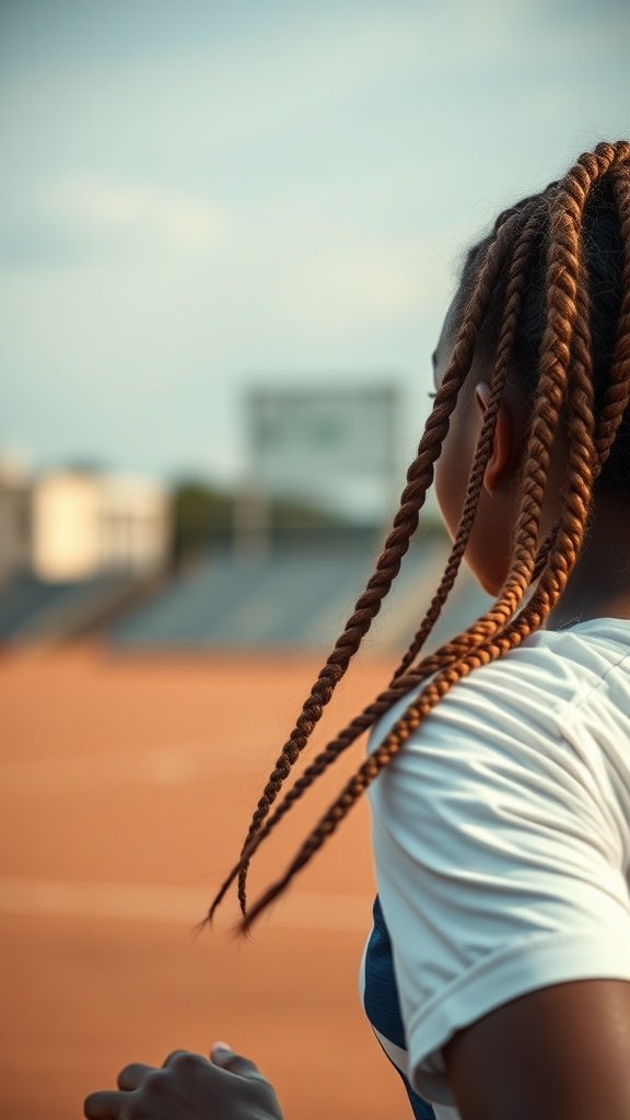A person with honey brown knotless braids running on a track.