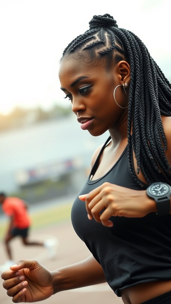 A woman running with large knotless box braids, showcasing a stylish and practical hairstyle for active lifestyles.