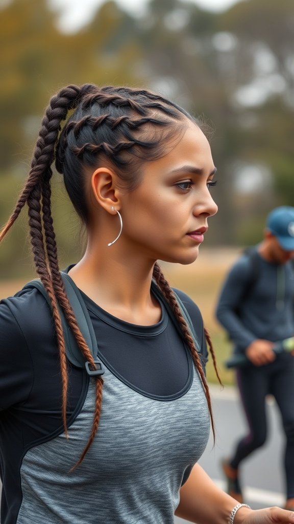 A woman with knotless braids styled for an active lifestyle, showcasing a sporty look.