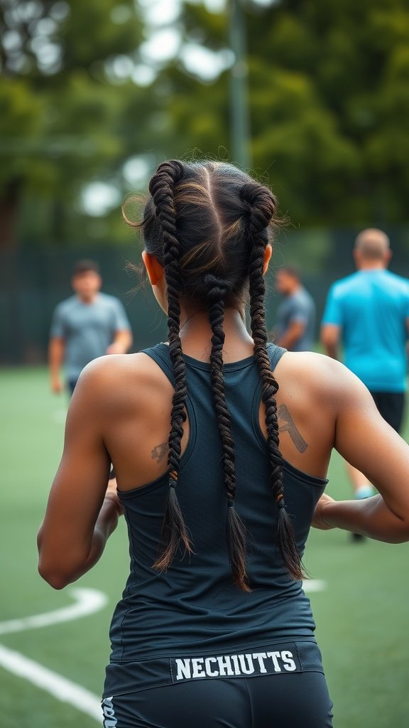 A person with long knotless braids, engaged in an active lifestyle.