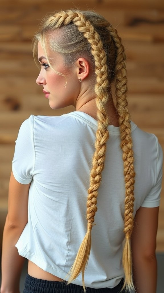 A person with honey blonde knotless braids styled in two neat sections.
