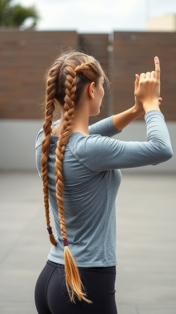 A person with honey blonde knotless braids styled for an active lifestyle.