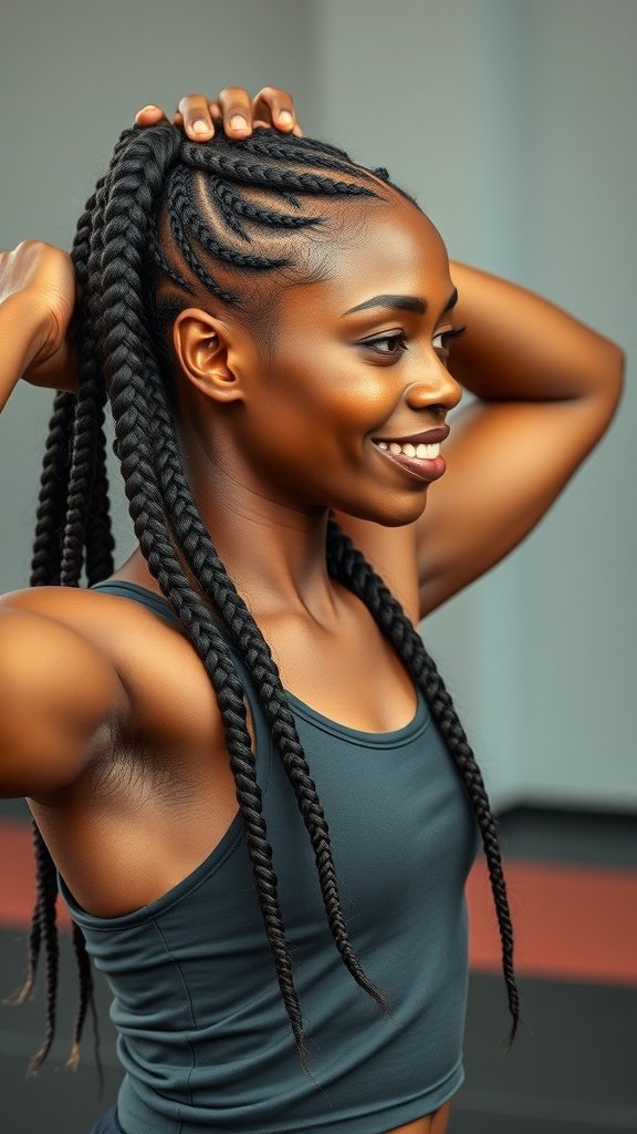A woman with medium knotless braids styled in a ponytail, smiling while preparing for an active workout.