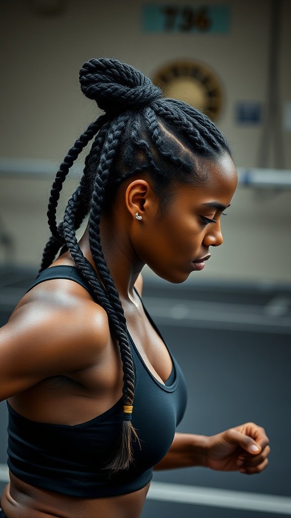 A woman with knotless braids in a sporty outfit, running in a gym setting.
