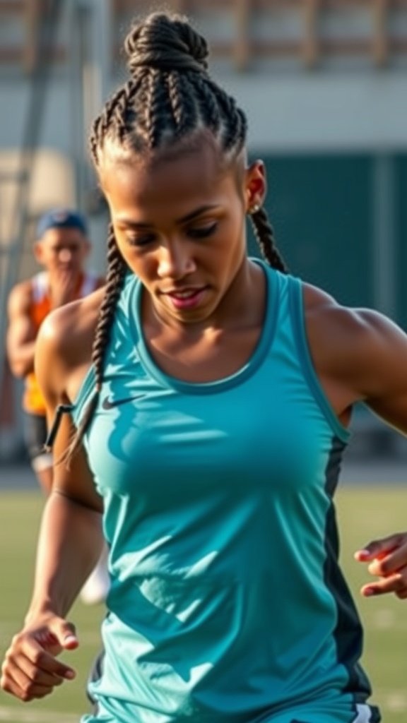 A woman with small knotless braids running in a sporty outfit.