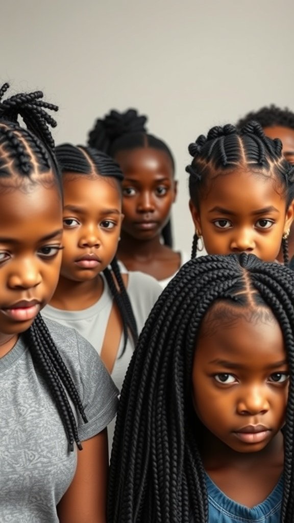 A group of girls with large knotless box braids, showcasing different styles and lengths.