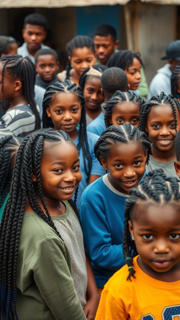 A group of children with knotless braids, showcasing various styles and colors.