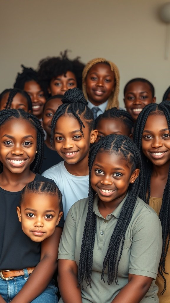 A group of individuals showcasing various styles of knotless braids, smiling and posing together.