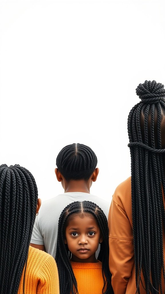 A group of individuals with knotless braids, showcasing different styles and ages.