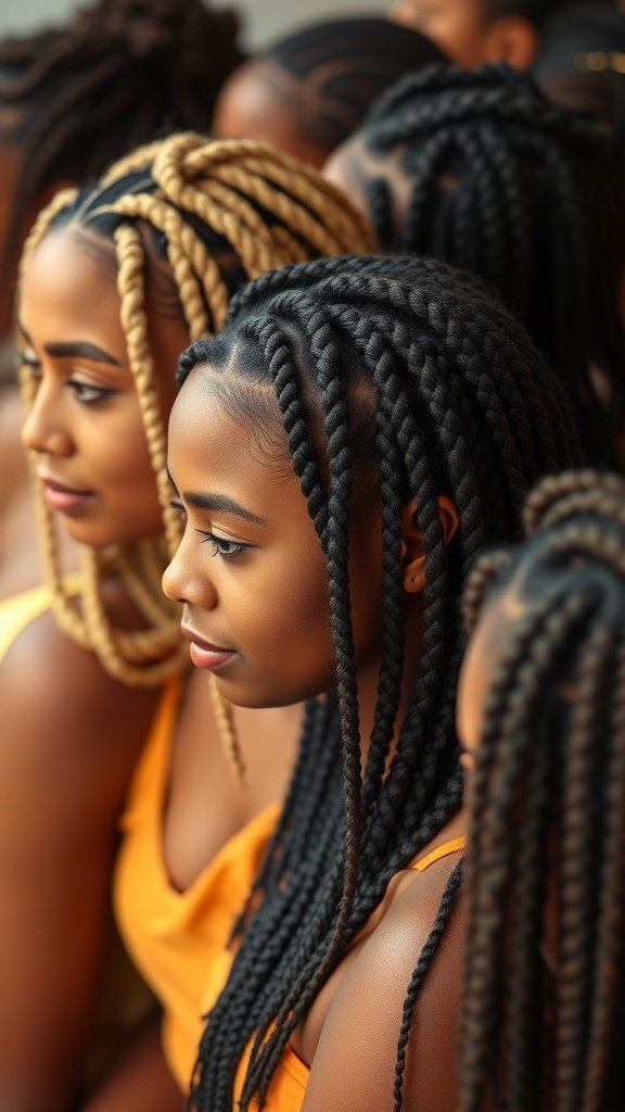 A group of women with different styles of knotless braids, showcasing the versatility of short knotless braids with curly ends.
