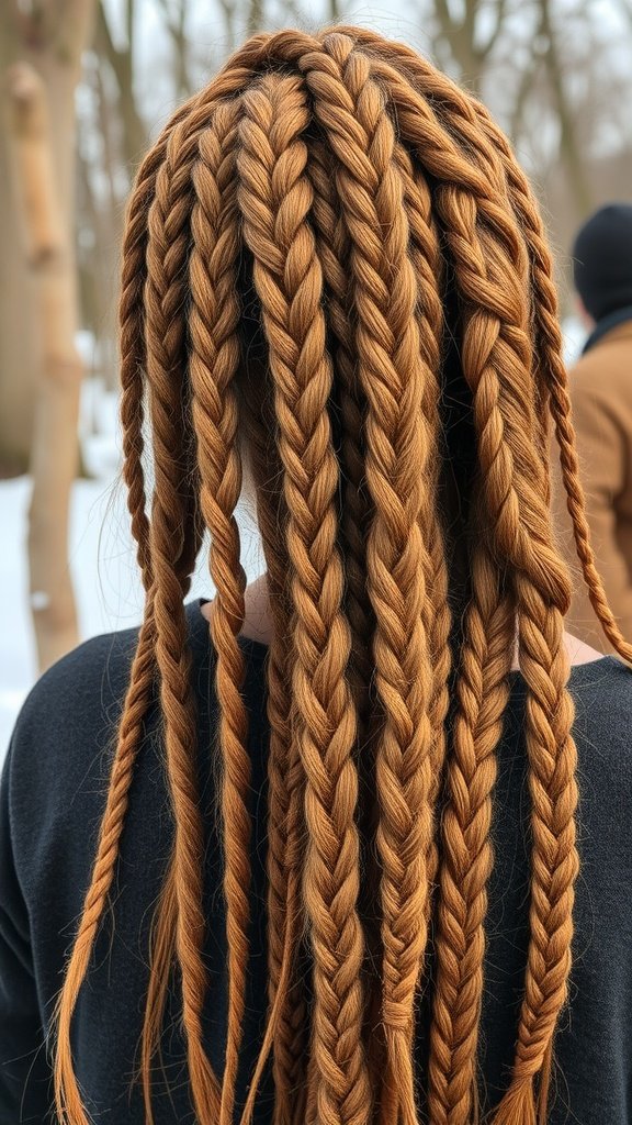 A close-up view of small knotless braids styled in a beautiful pattern.