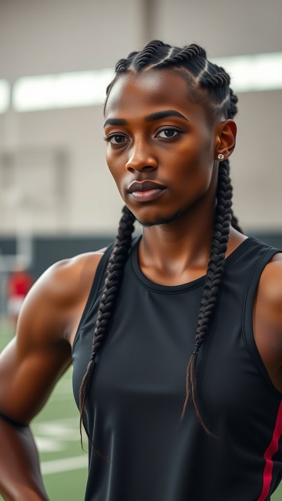 Athlete with knotless braids in a sports setting