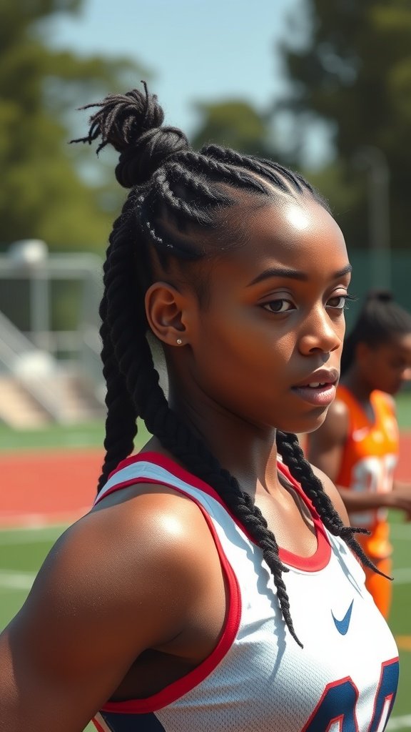 Athlete with large boho knotless braids on a sports field