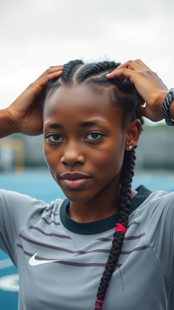 Athlete with knotless braids in a sporty outfit, showcasing a stylish and practical hairstyle.