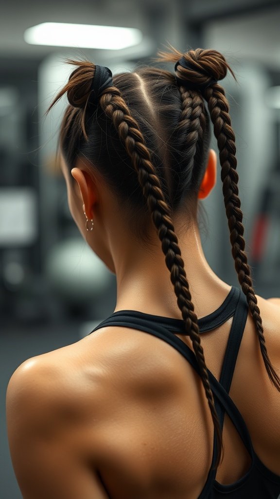 A person with two knotless braids styled with hair ties, showcasing a sporty look.