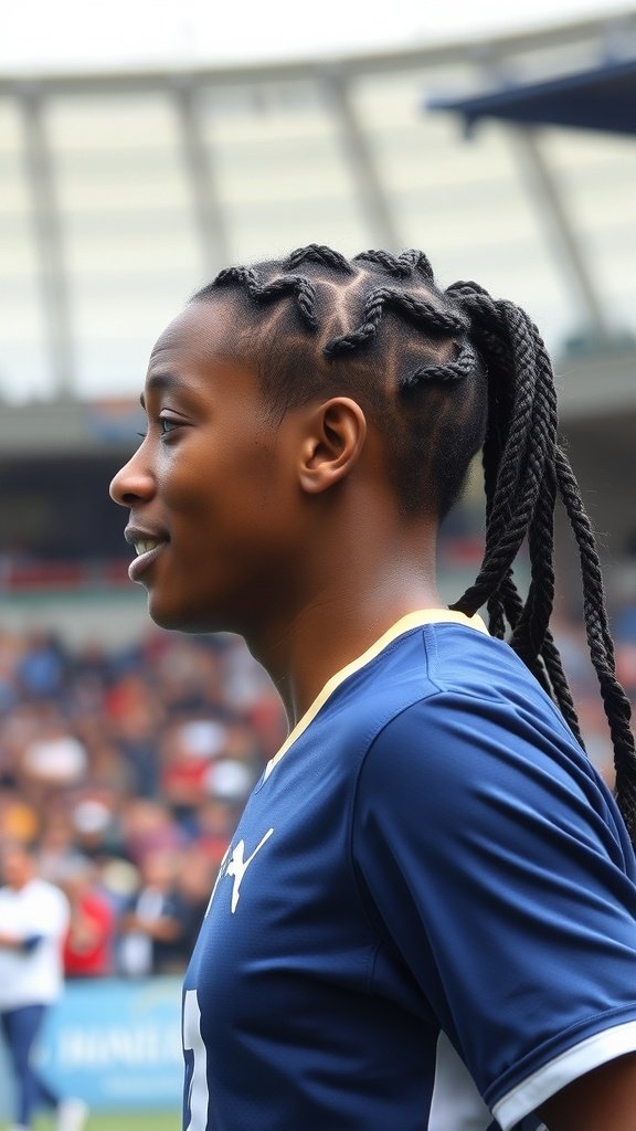 Athlete with long knotless braids, showcasing a stylish and practical hairstyle for sports.
