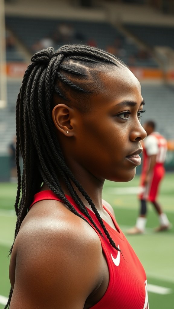 Athlete with small knotless braids, showcasing a practical and stylish hairstyle.
