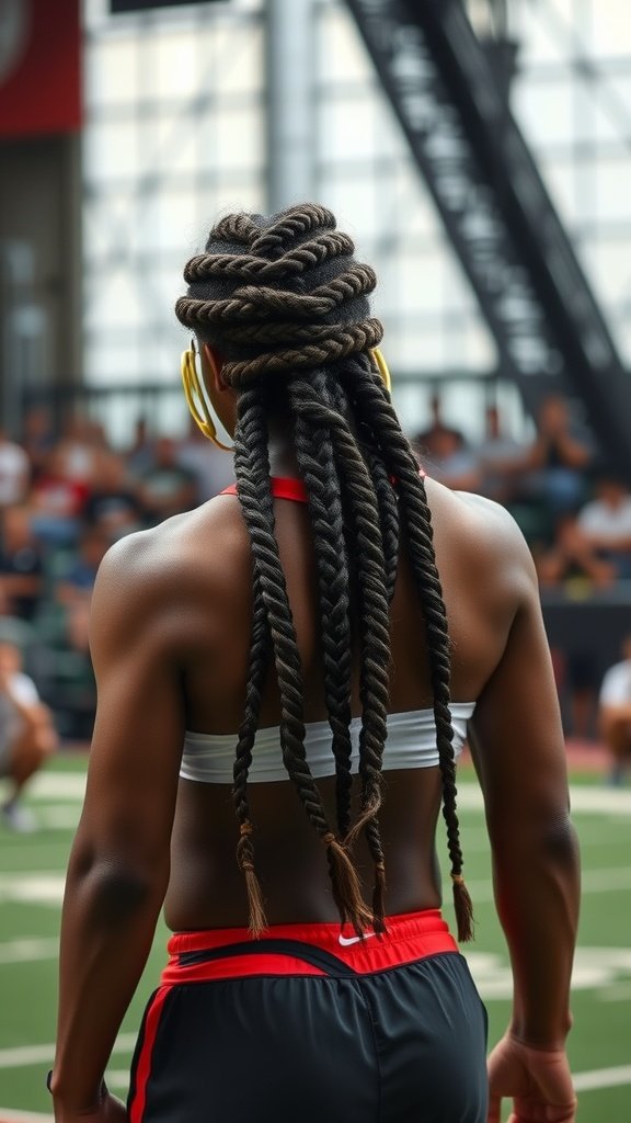 Athlete with large knotless braids, showcasing a sporty hairstyle.