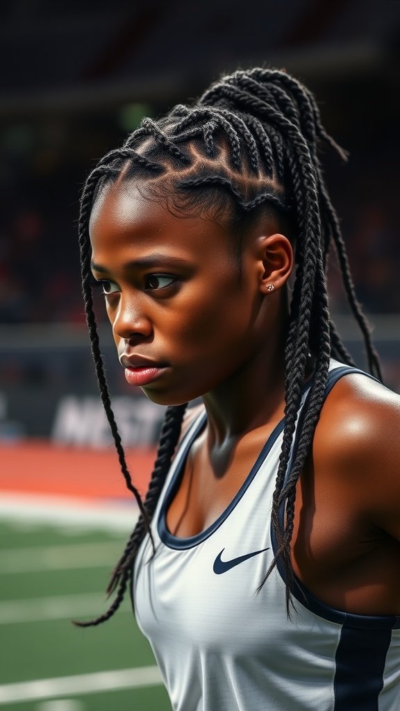 Athlete with knotless braids and curly ends, showcasing a stylish and practical hairstyle for sports.