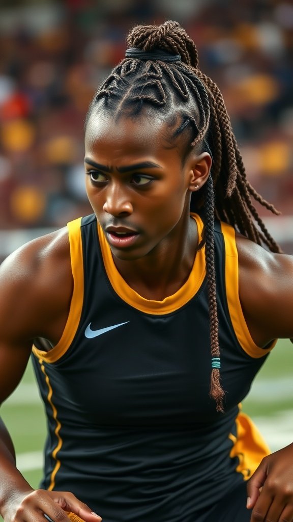 Athlete with small boho knotless braids, focused and ready for action