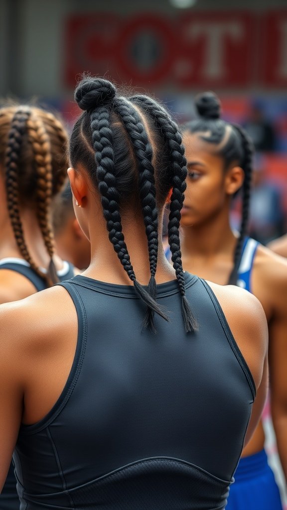 Athletes with knotless braids, showcasing a stylish and functional hairstyle for sports.