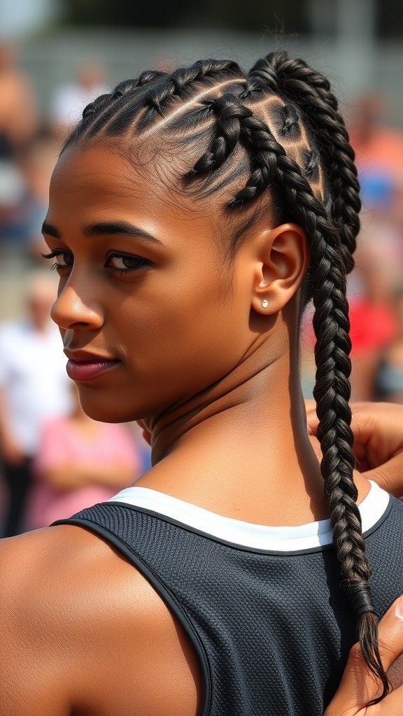 A woman with short bohemian knotless braids, showcasing a sporty look.