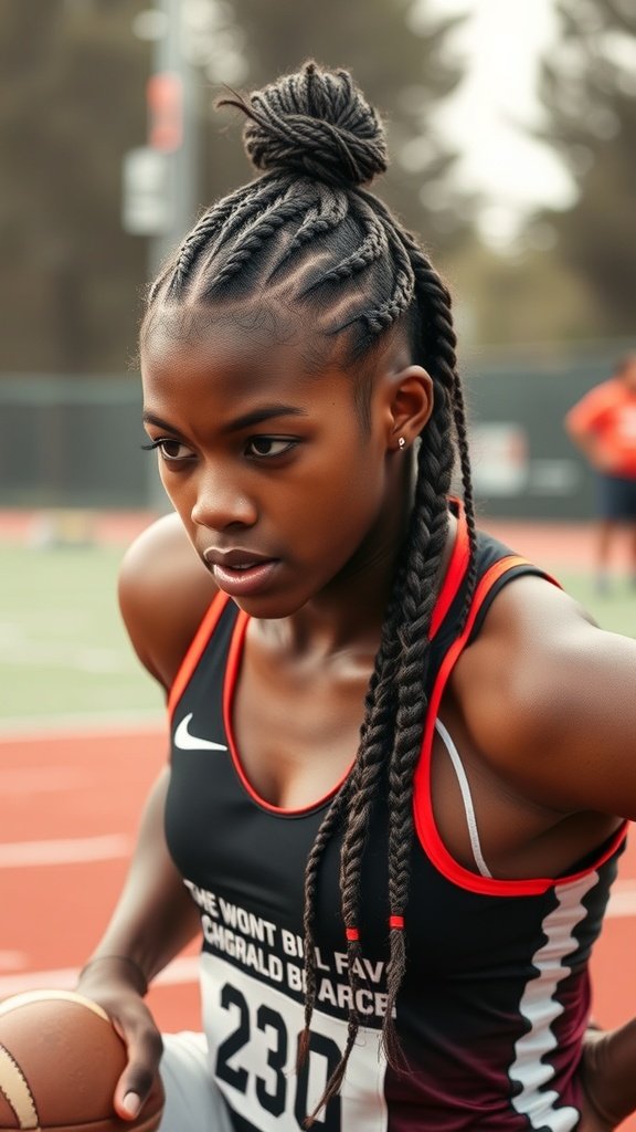 Athlete with xs knotless braids preparing for a game