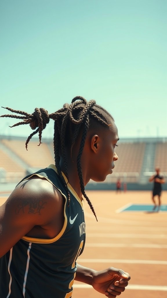 Athlete with knotless braids running on a track
