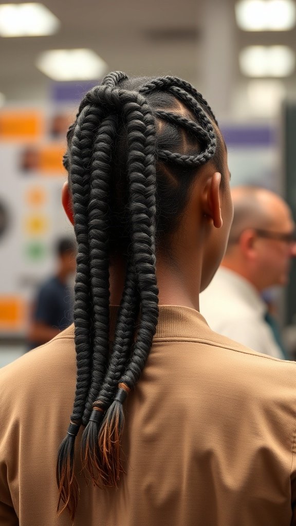 A close-up view of a person with short bohemian knotless braids, showcasing the intricate style and color.