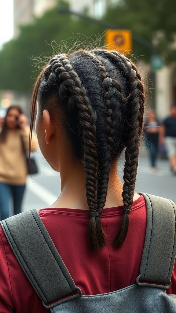 A woman with stylish short bohemian knotless braids walking in the city.