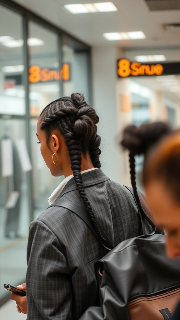A woman with short knotless braids styled elegantly, showcasing a professional look in a busy environment.