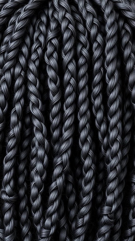Close-up of knotless braids in a dark color, showcasing a stylish and protective hairstyle.