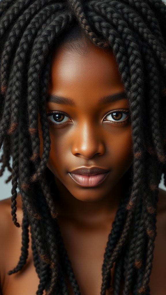 A close-up of a person with long knotless braids, showcasing beautiful black hair.