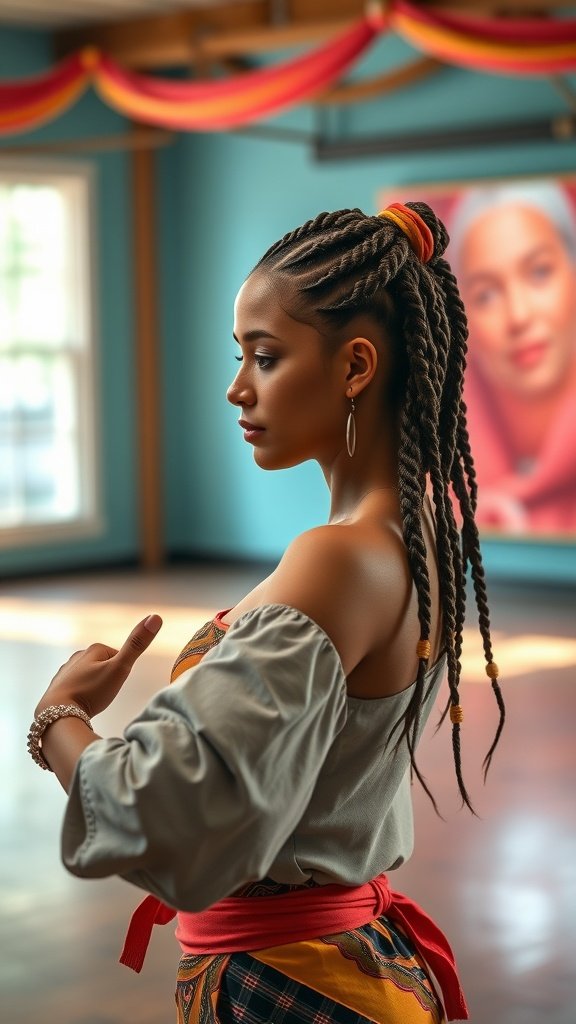 A dancer with knotless braids styled elegantly, showcasing a performance-ready look.