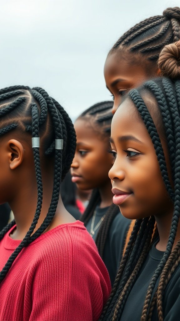 Young girls with knotless braids, showcasing different styles and lengths