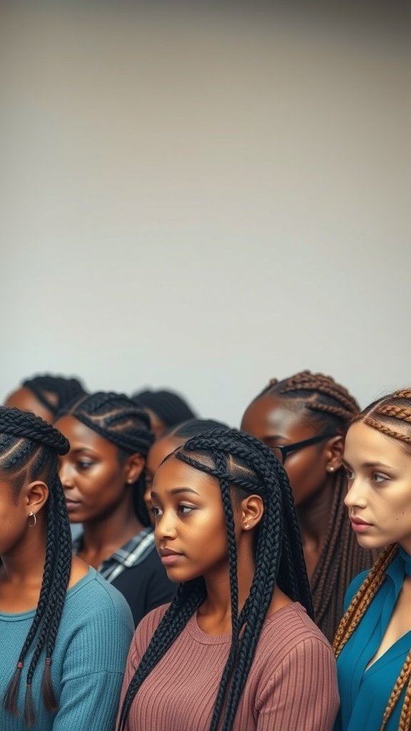 A group of women showcasing various styles of knotless braids, highlighting their versatility and appeal across different ages.