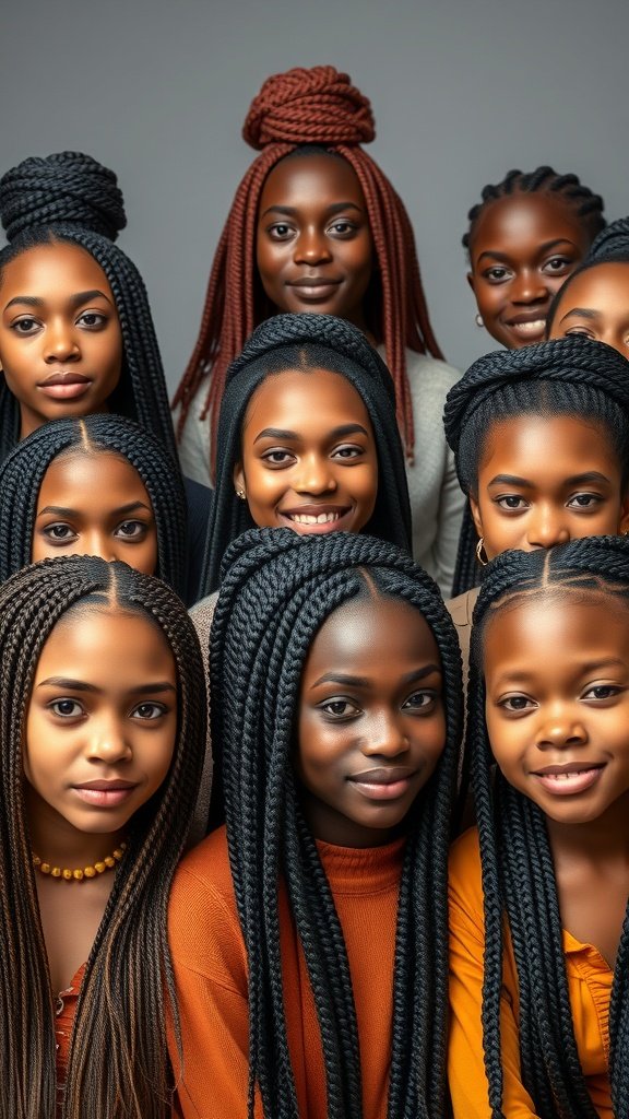 A group of individuals showcasing various styles of Fulani knotless braids.