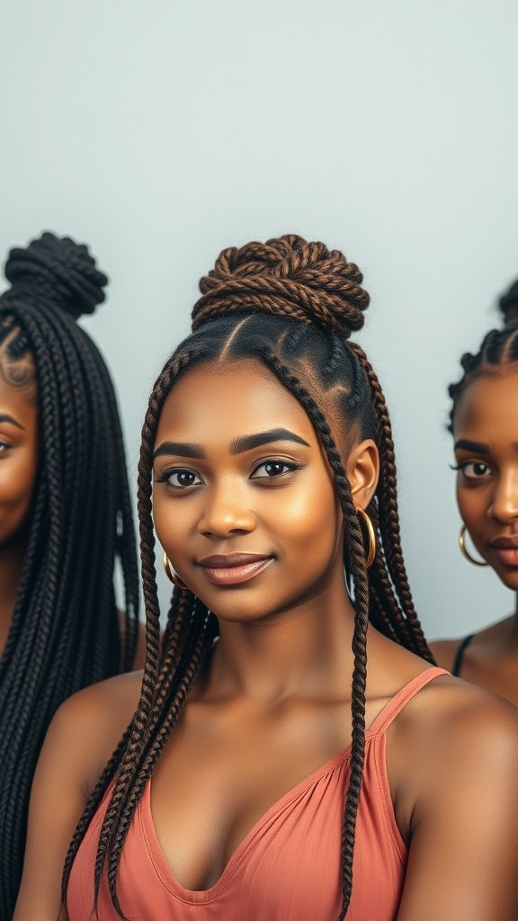 A group of women showcasing different styles of brown knotless braids.