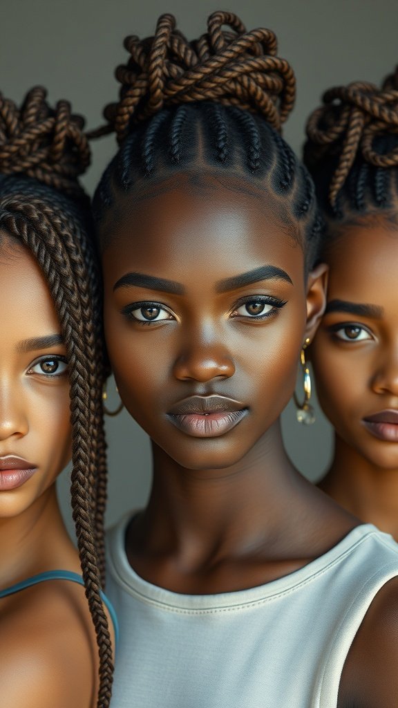 Three individuals showcasing different styles of knotless braids, highlighting versatility and beauty.